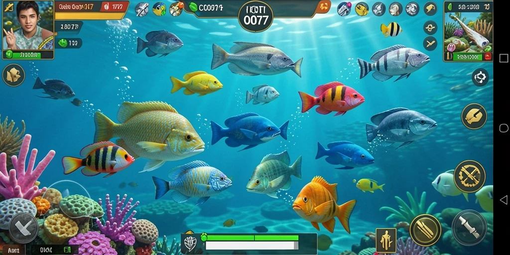 Screenshot C0077 menampilkan aksi menembak ikan yang seru.