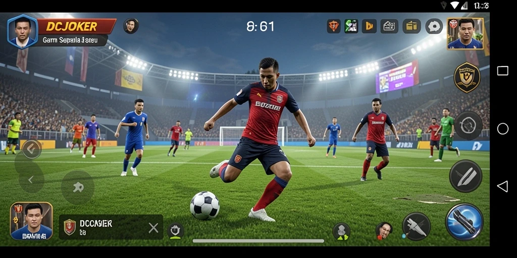 Tangkapan layar menunjukkan aksi intens dalam gameplay sepak bola.