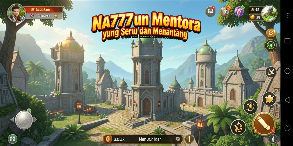 Tangkapan layar gameplay NA777 menampilkan menara yang bertempur melawan gelombang musuh.