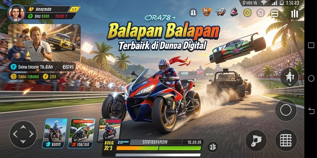Tangkapan layar utama ORA78 menampilkan aksi balapan yang mendebarkan.